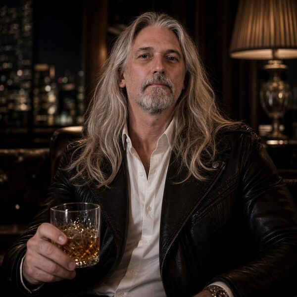 Portrait of Reuben Durham, with long silver hair and a grey beard, in a white shirt and black leather jacket, seated in a dimly lit room at night and holding a cut-glass tumbler.